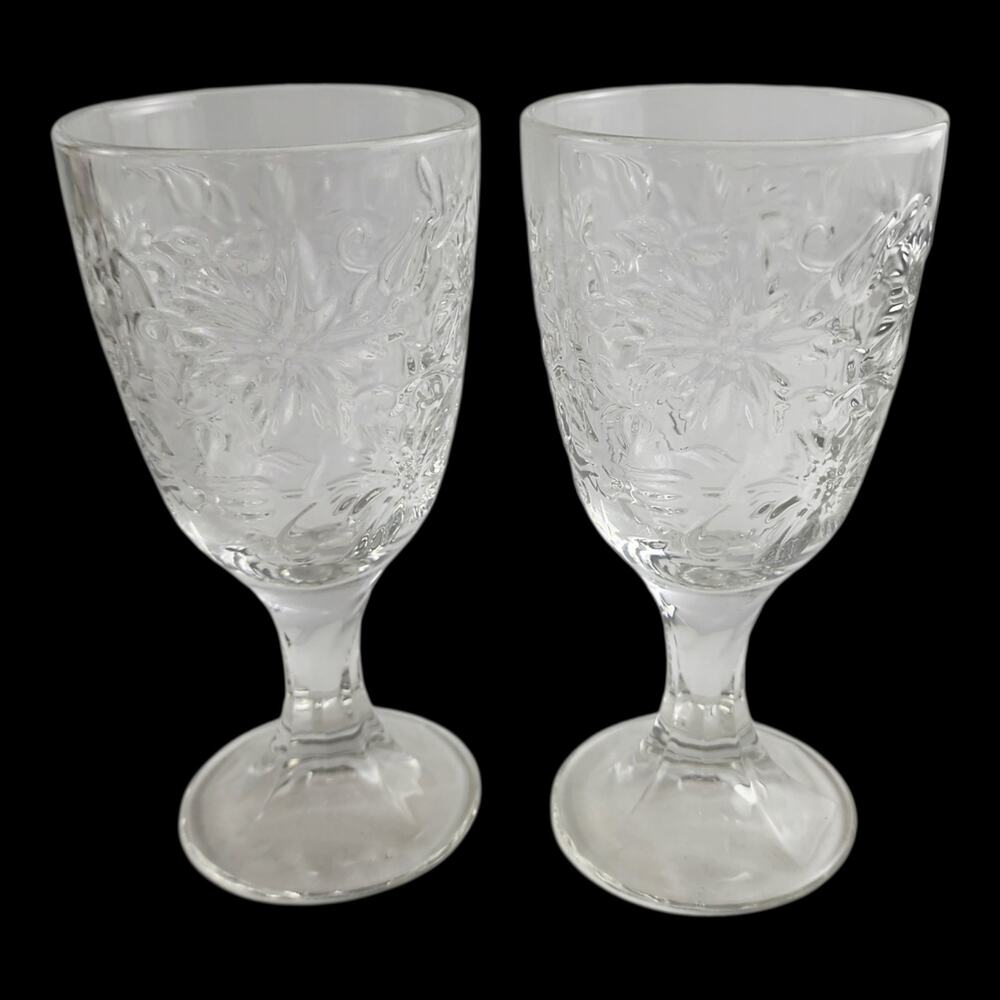 Vintage Princess House Fantasia Poinsettia Wine Water Goblets Set~2 Clear Glass
